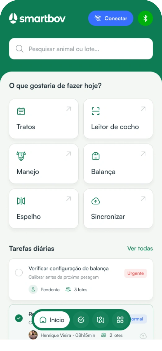 Tela inicial do SmartBov App com botões grandes para uso no campo