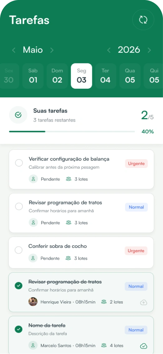 Tela de tarefas e checklists diários do SmartBov App